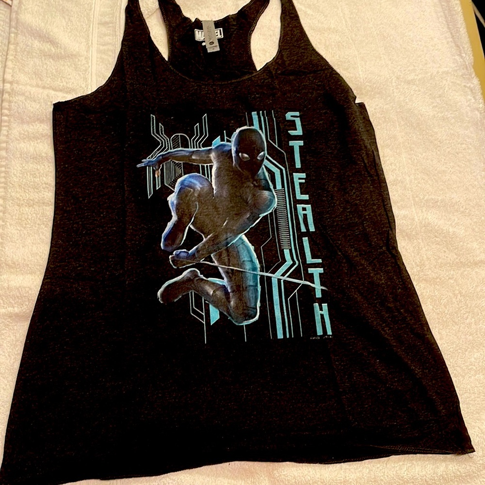 NEW - LAST ONE!!! Marvel Med stealth spider man graphic gray turquoise racerback